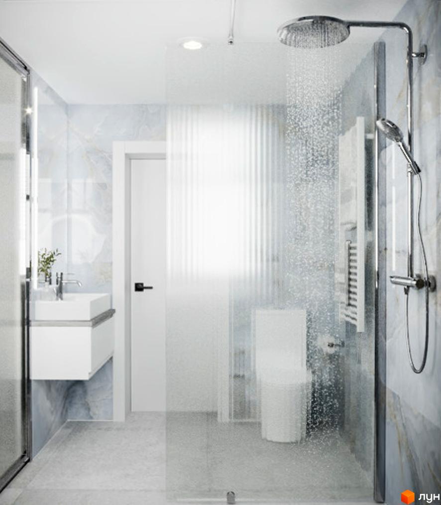 Сучасна ванна кімната в КМ Перлина Процева з душовою кабіною та раковиною. Просторий дизайн та якісні матеріали.