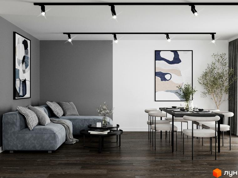 Інтер'єр вітальні та їдальні в КМ Перлина Процева з сірим диваном та обіднім столом. Сучасний дизайн та функціональне освітлення.
