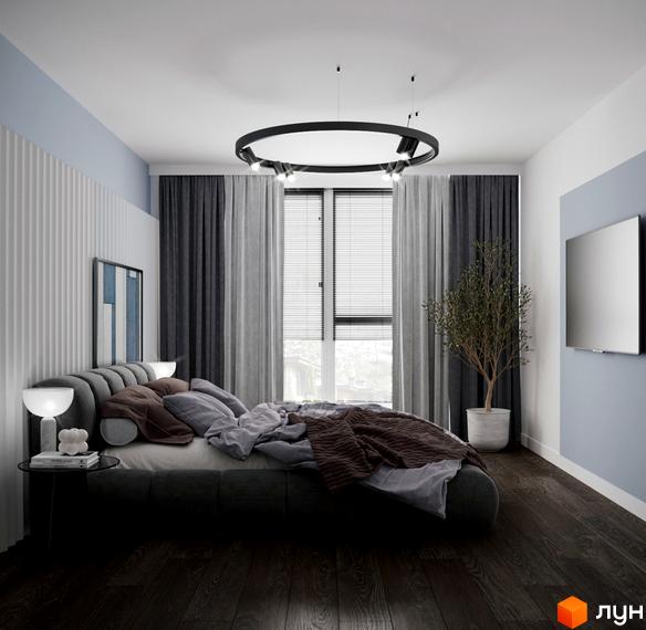 Інтер'єр спальні з ліжком, приліжковими тумбами та освітленням у новобудові КМ Перлина Процева. Дизайн кімнати у світлих тонах з акцентами на текстилі та рослинах.