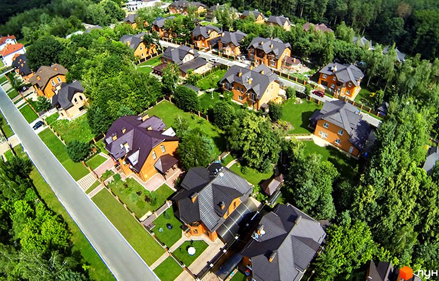 Зовнішній вигляд котеджного комплексу КМ Парк хаус з зеленими ділянками та асфальтованими доріжками.