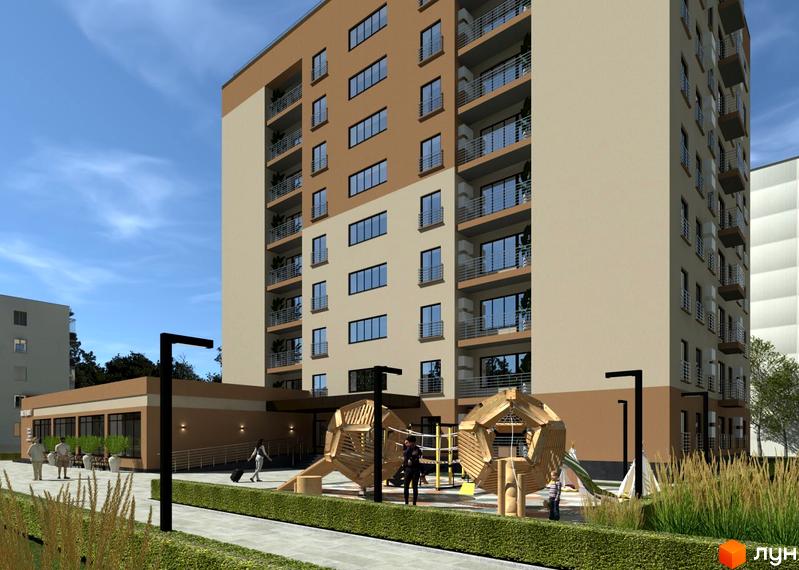 Зовнішній вигляд новобудови ЖК Темп з балконами та вікнами, поруч дитячий майданчик та зелена зона.