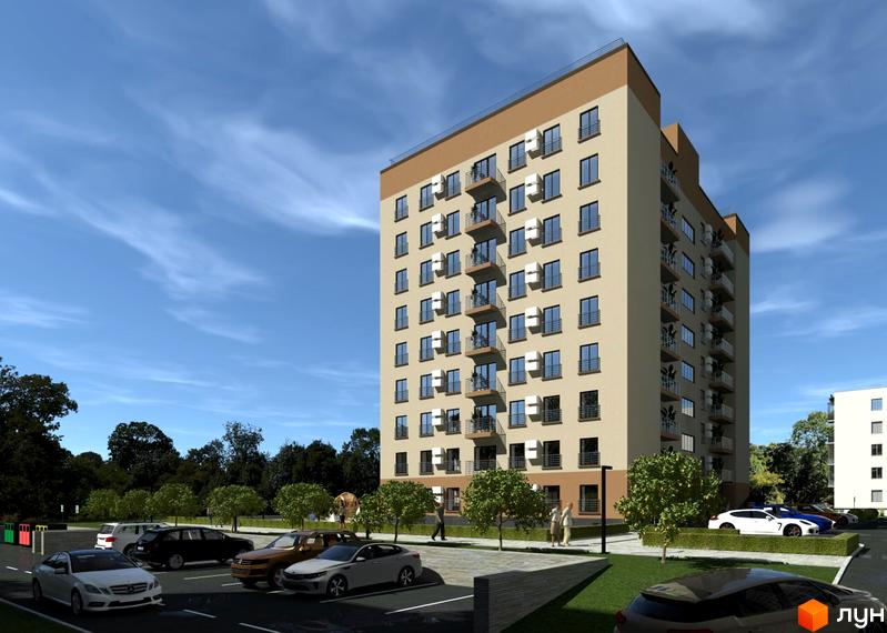 Зовнішній вигляд багатоповерхового будинку ЖК Темп з балконами та парковкою біля будинку. Навколо будинку зелені насадження та дерева.