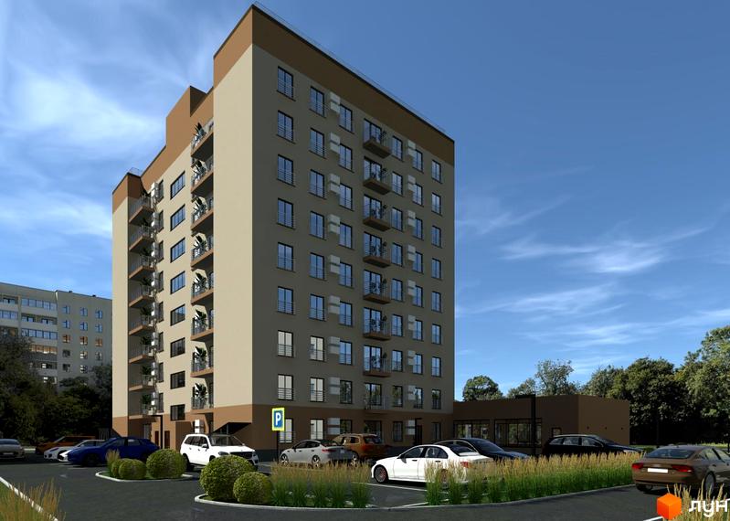 Зовнішній вигляд житлового комплексу Темп з парковкою та зеленими насадженнями. Багатоповерхова новобудова з балконами та великою кількістю вікон.