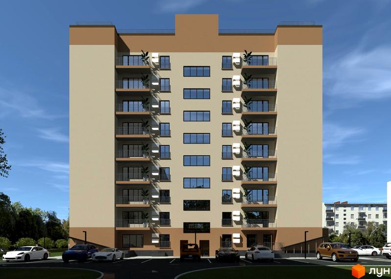 Зовнішній вигляд будинку ЖК Темп з балконами та кондиціонерами, біля будинку розташована парковка з автомобілями.