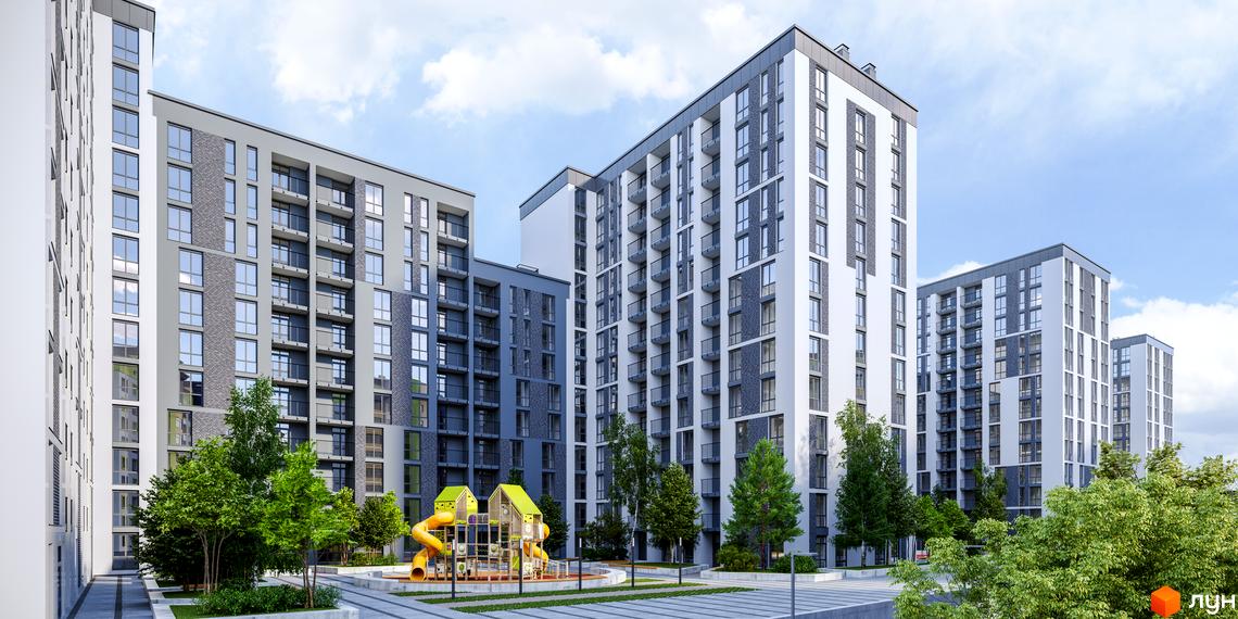 Житловий комплекс Щасливий Grand з сучасними фасадами та дитячим майданчиком. Зовнішній вигляд новобудови з різнокольоровими елементами та балконами.