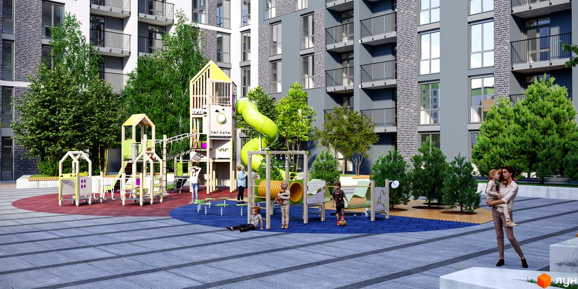 Житловий комплекс Щасливий Grand. Дитячий майданчик з гірками та тунелями біля багатоповерхових будинків.