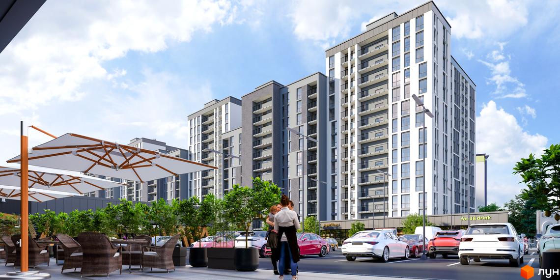 Зовнішній вигляд житлового комплексу Щасливий Grand з сучасними фасадами та балконами, а також прибудинкова територія з терасою та парковкою.