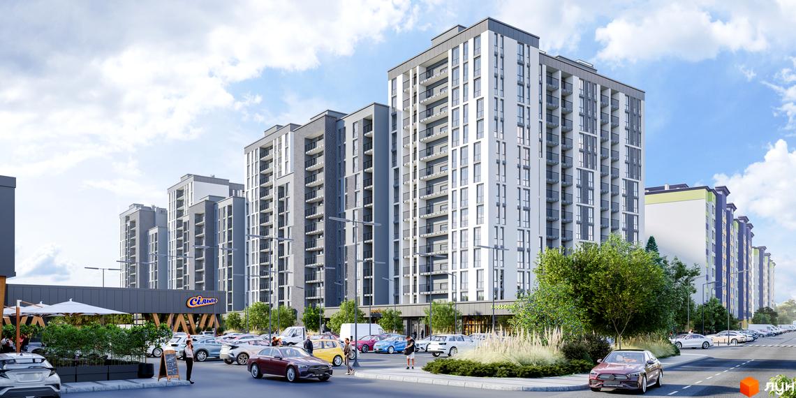 Житловий комплекс Щасливий Grand - це сучасна новобудова з багатоповерховими будинками та доглянутою прибудинковою територією з парковкою та зонами відпочинку.