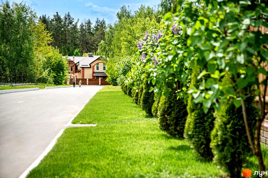Котеджне містечко КМ Парк хаус. Зовнішній вигляд будинків з цегли та дерева, зелена прибудинкова територія з газоном та деревами.