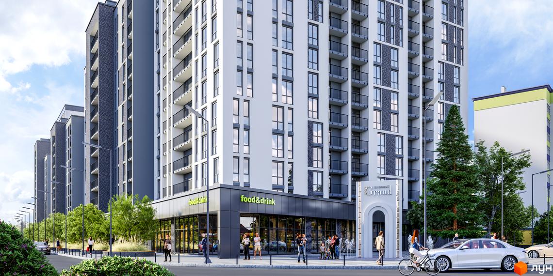 Житловий комплекс Щасливий Grand: фасади будівель з балконами, вікнами та комерційними приміщеннями на першому поверсі. Поруч зелені насадження та пішохідна зона.