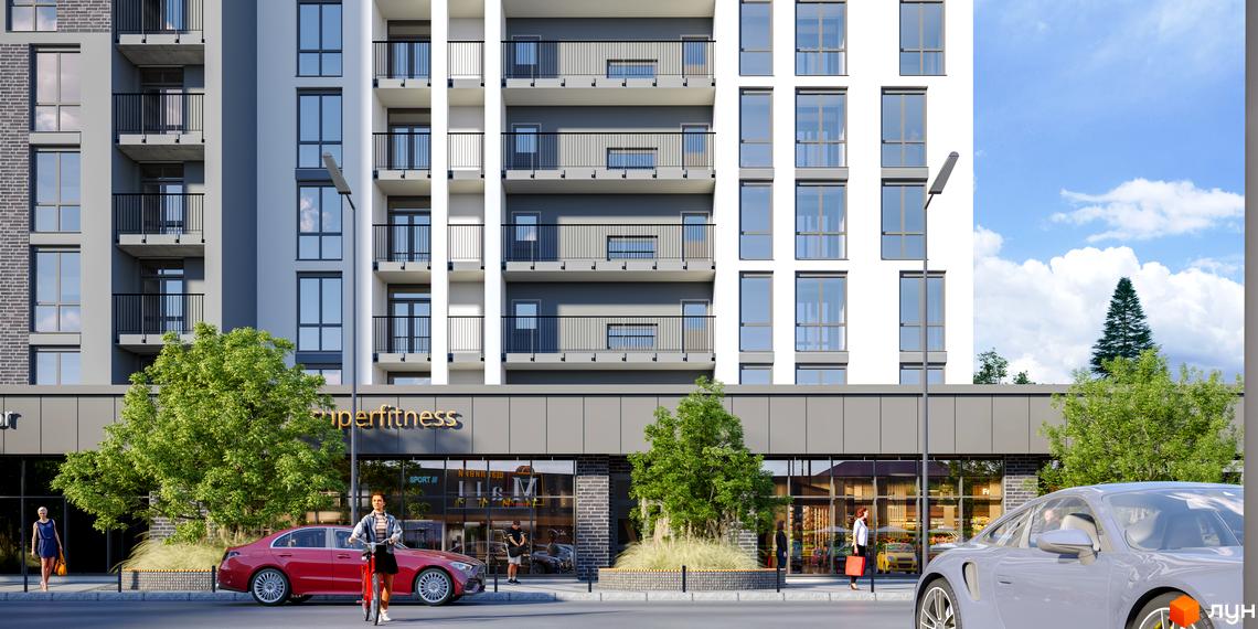 Зовнішній вигляд житлового комплексу Щасливий Grand з фасадами, балконами та вікнами, а також прибудинковою територією з деревами та автомобілями.