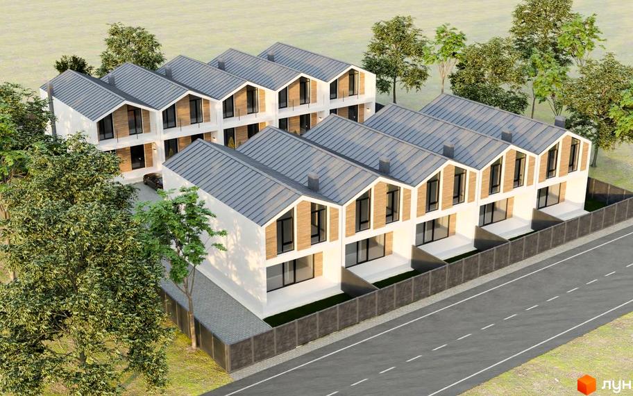 Таунхауси на Травневій: сучасні триповерхові будинки з сірими дахами та великими вікнами, розташовані вздовж дороги з парканом та деревами.