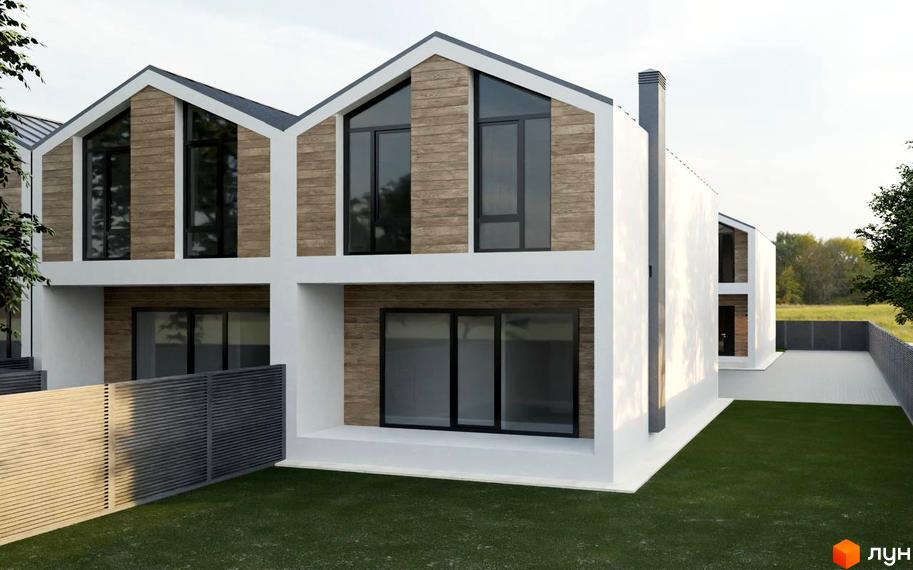 Таунхауси на Травневій – це двоповерхові будинки з двосхилими дахами, великими вікнами та дерев'яним оздобленням фасаду. Навколо будинків зелений газон та паркан.