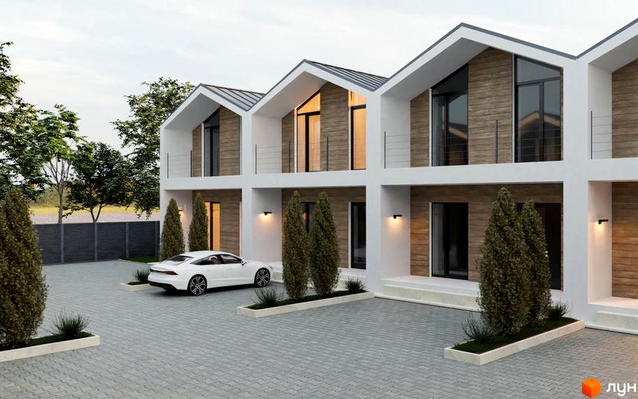 Таунхауси на Травневій: сучасні триповерхові будинки з дерев'яними елементами фасаду та паркомісцями. Прибудинкова територія з ландшафтним дизайном та деревами.