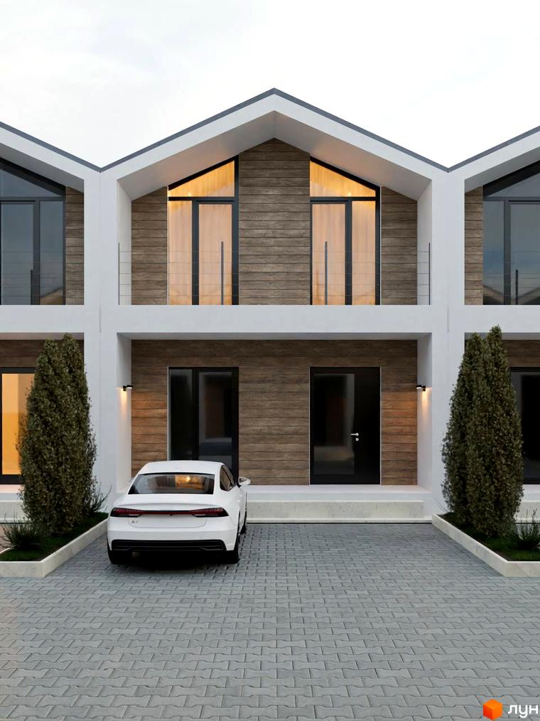 Таунхауси на Травневій – це сучасні будинки з дерев'яним фасадом та великими вікнами, розташовані на бруківці з доглянутими зеленими насадженнями.