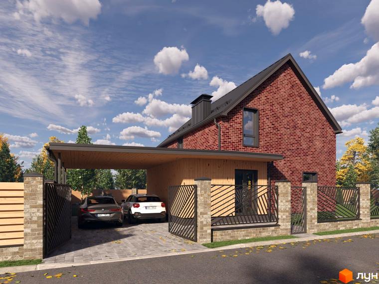 Котеджне містечко КМ Будинки на Каштановій: цегляний будинок з навісом для авто та огородженою територією з парканом та воротами.