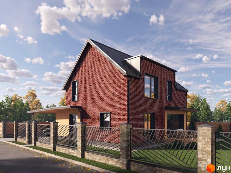 Котеджне містечко КМ Будинки на Каштановій. Двоповерховий будинок з червоної цегли під сірим дахом, огороджений парканом з цегляними стовпами та металевими елементами.