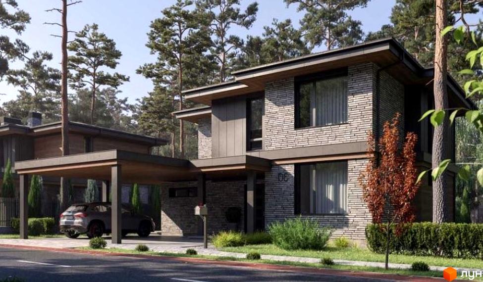 Котеджне містечко КМ Будинки на Сосновій. Сучасний двоповерховий будинок з кам'яним фасадом та навісом для авто, оточений деревами.