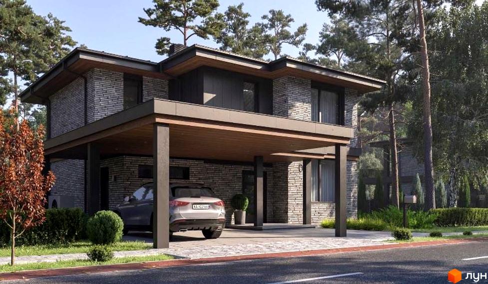 Котеджне містечко КМ Будинки на Сосновій: двоповерховий будинок з сірої цегли та навісом для авто, оточений деревами та зеленню.