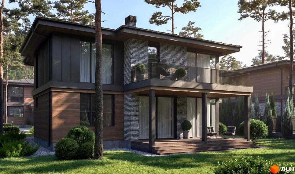 Котеджне містечко КМ Будинки на Сосновій. Сучасний двоповерховий будинок з дерев'яним та кам'яним оздобленням, великими вікнами та балконом, оточений зеленню.