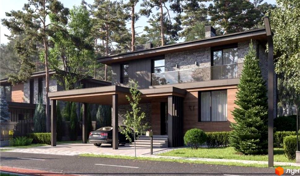 Котеджне містечко КМ Будинки на Сосновій. Зовнішній вигляд двоповерхового будинку з навісом для авто та зеленою прибудинковою територією.