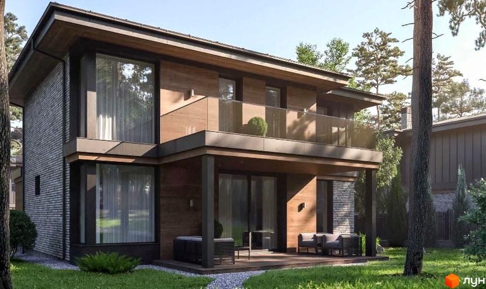 Котеджне містечко КМ Будинки на Сосновій. Двоповерховий будинок з дерев'яним та цегляним фасадом, великими вікнами та скляним балконом, розташований на зеленій ділянці з газоном та деревами.