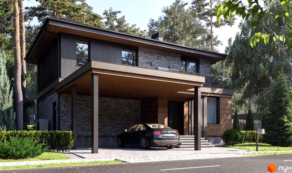 Котеджне містечко КМ Будинки на Сосновій: двоповерховий будинок з навісом для авто та цегляним фасадом. Навколо будинку зелені насадження та доглянута прибудинкова територія.