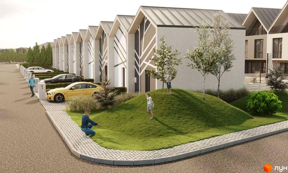 Таунхауси Sanville Park з унікальним дизайном фасаду та доглянутою прибудинковою територією з зеленим газоном та деревами.