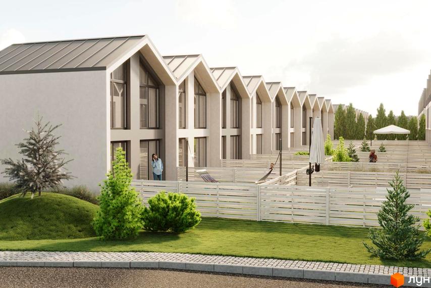 Таунхауси Sanville Park - це сучасні будинки з двосхилими дахами та великими вікнами, що виходять на доглянуту прибудинкову територію з зеленими насадженнями та зонами відпочинку.