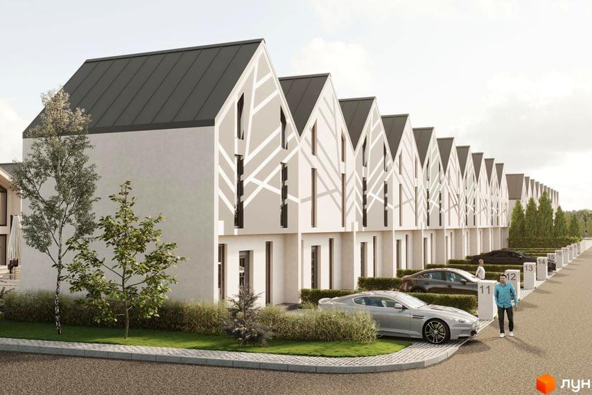 Таунхауси Sanville Park з сірими дахами та білими фасадами, розташовані вздовж дороги з прибудинковою територією та деревами.