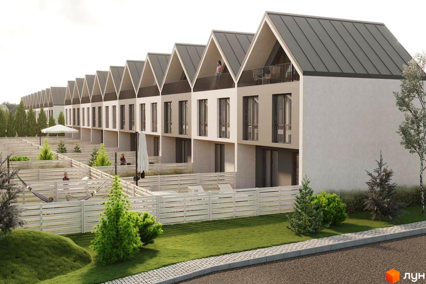 Таунхауси Sanville Park з двоповерховими фасадами та похилими дахами, з приватними двориками та парканами.