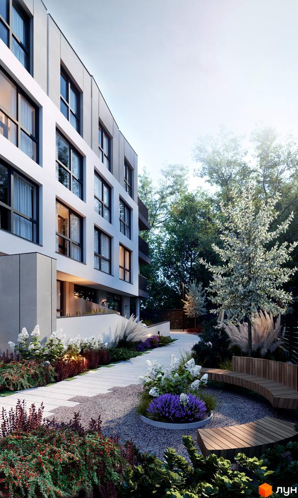 Клубний будинок Forest Etalon Club з білим фасадом та чорними вікнами. Прибудинкова територія з доріжками, квітами, кущами та деревами, а також дерев'яними лавками.