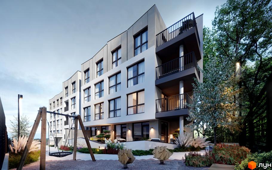 Клубний будинок Forest Etalon Club з балконами та вікнами, поруч дитячий майданчик з гойдалкою та деревами.