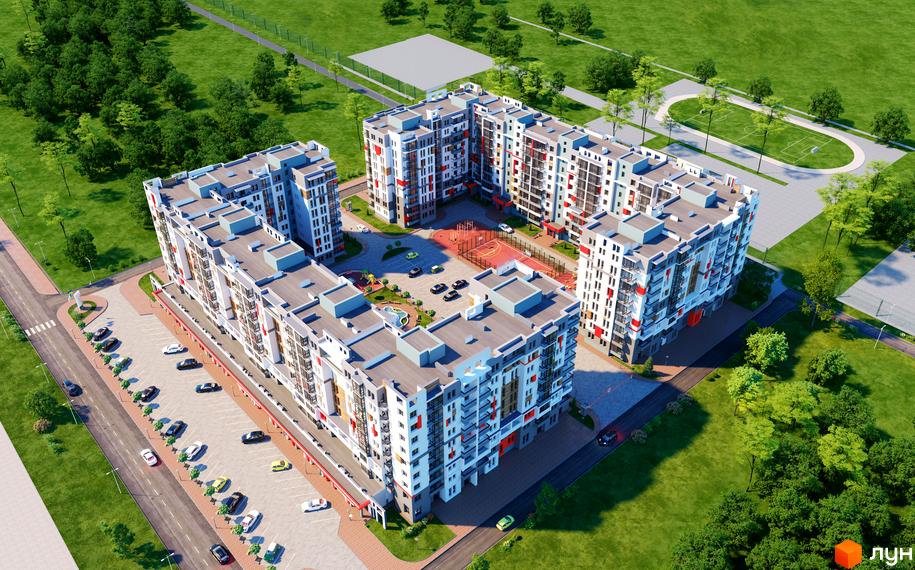Житловий комплекс Київський. Багатоповерхові будинки з білими фасадами, сірими дахами та червоними акцентами. На території комплексу є парковка, дитячий майданчик та зелені зони.