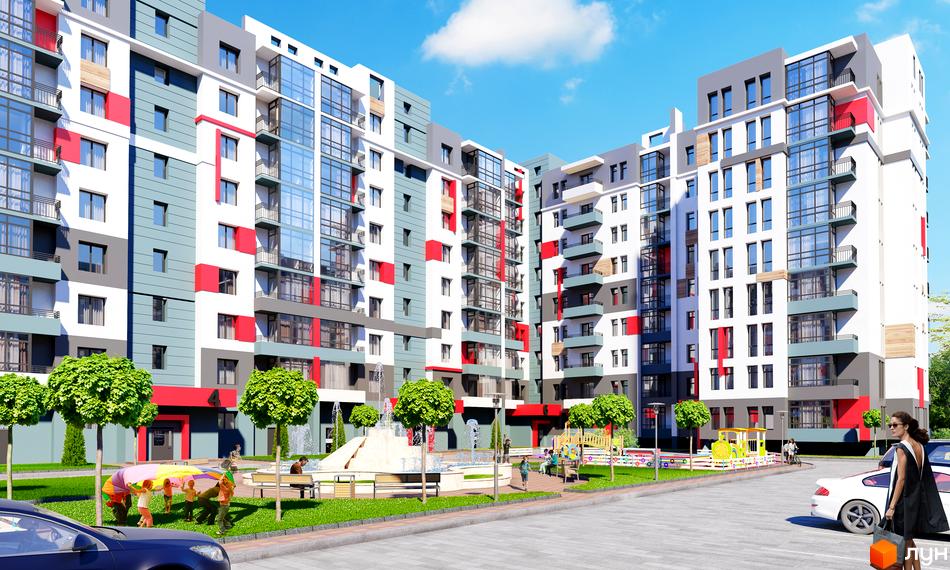 Житловий комплекс Київський з яскравим дизайном фасаду. На території комплексу є дитячий майданчик, зелені зони та місця для відпочинку.