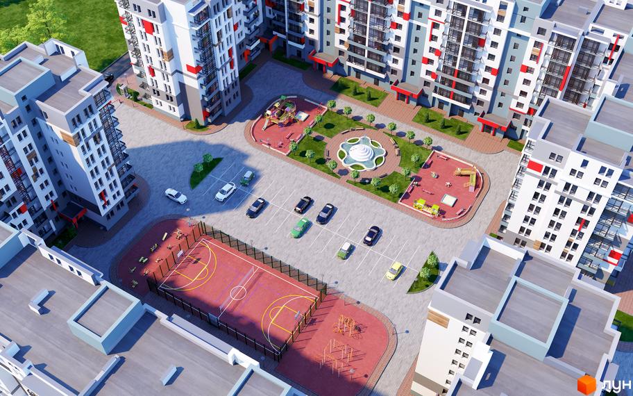 Житловий комплекс Київський з висотними будинками, парковкою, дитячими майданчиками та спортивним майданчиком. Архітектура з використанням білого, сірого та червоного кольорів.