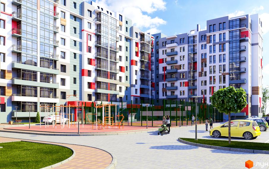 Житловий комплекс Київський. Високоповерхові будинки з панорамними вікнами та яскравими фасадами. На території є дитячий майданчик, парковка та зелені насадження.