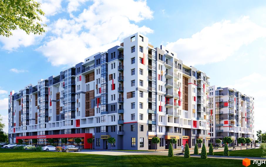 Житловий комплекс Київський. Багатоповерховий будинок з білими, сірими та червоними акцентами на фасаді. Перед будинком зелена галявина та дерева.