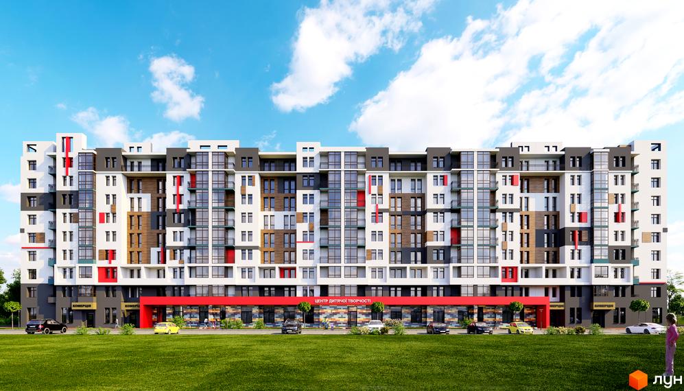 Житловий комплекс Київський. Багатоповерховий будинок з фасадом у світлих тонах з червоними акцентами. Перед будинком зелена галявина та парковка.