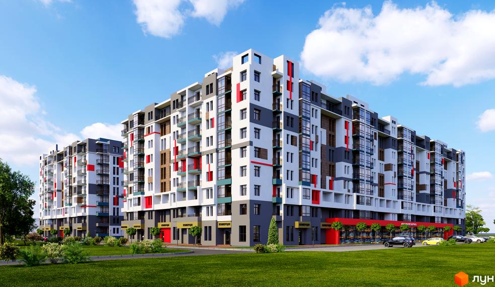 Житловий комплекс Київський. Багатоповерховий будинок з білими, сірими та червоними фасадами. На території є зелена трава, дерева та парковка.