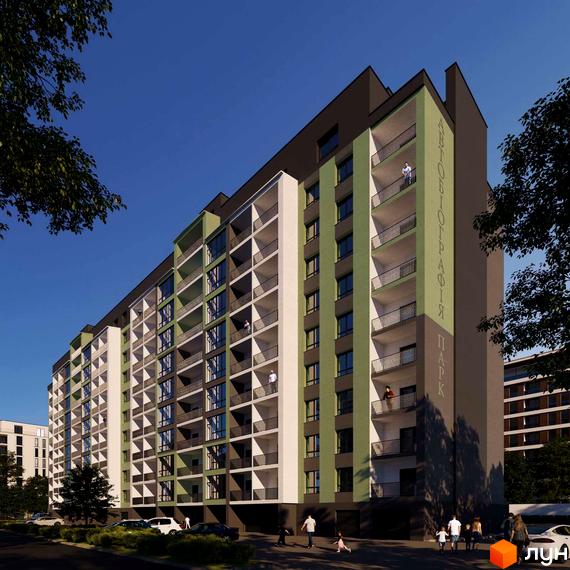 Житловий комплекс Автобіографія Парк - багатоповерховий будинок з балконами та зеленими елементами фасаду. Навколо будинку облаштована прибудинкова територія з деревами та доріжками.