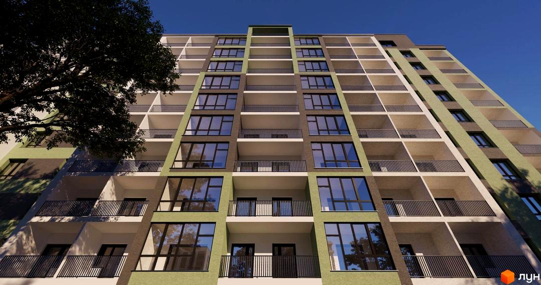 Зовнішній вигляд новобудови ЖК Автобіографія Парк з балконами та великими вікнами. Навколо будівлі видно дерева та синє небо.