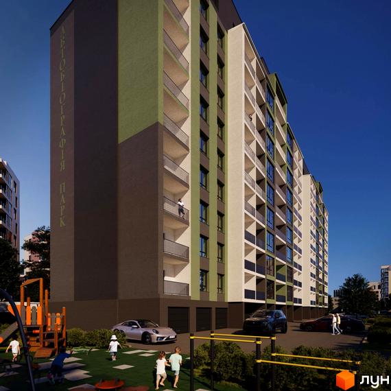 Житловий комплекс Автобіографія Парк - багатоповерховий будинок з балконами та дитячим майданчиком.