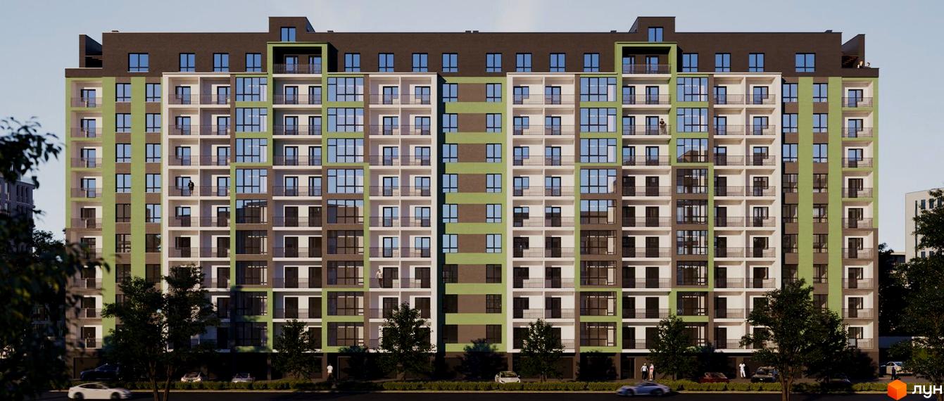 Фасад житлового комплексу Автобіографія Парк з зеленими та сірими елементами, балконами та великими вікнами. Поруч дерева та дорога з автомобілями.