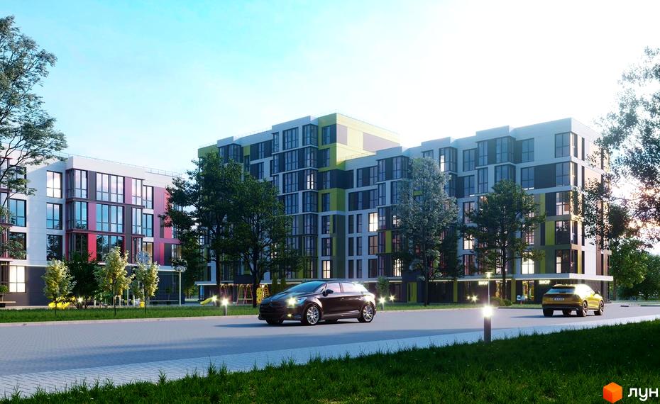 Житловий комплекс Модерніст з фасадами білого, сірого, жовтого та рожевого кольорів. Навколо комплексу зелені насадження та дорога з автомобілями.