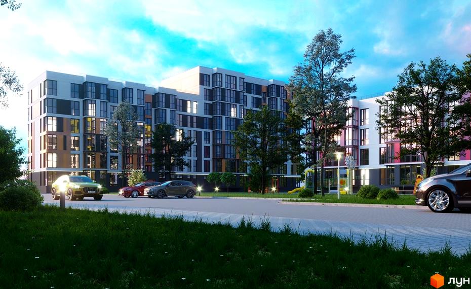 Житловий комплекс Модерніст з фасадами у сірих, білих та жовтих тонах. Перед будинком розташована прибудинкова територія з газоном, деревами та автомобілями.