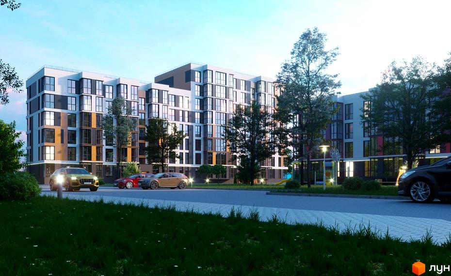 Житловий комплекс Модерніст – це багатоповерхова новобудова з панорамними вікнами та балконами, розташована біля зеленої зони з автомобілями на парковці.