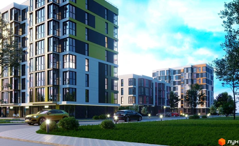 Житловий комплекс Модерніст – це сучасна новобудова з яскравим фасадом та просторою прибудинковою територією. На зображенні видно кілька будинків комплексу, зелені зони та автомобілі.