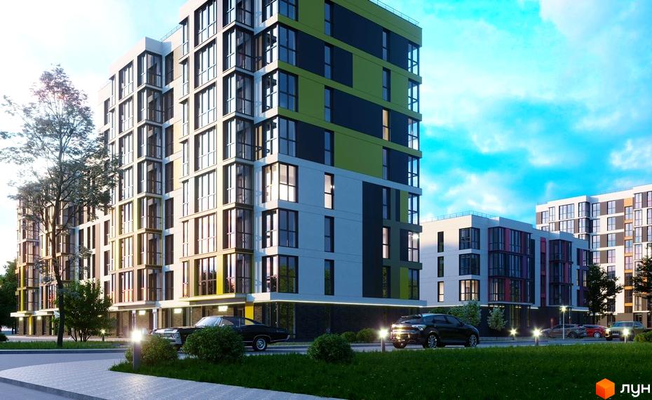 Житловий комплекс Модерніст: фасади будівель з панорамними вікнами та кольоровими вставками, прибудинкова територія з автомобілями та зеленими насадженнями.