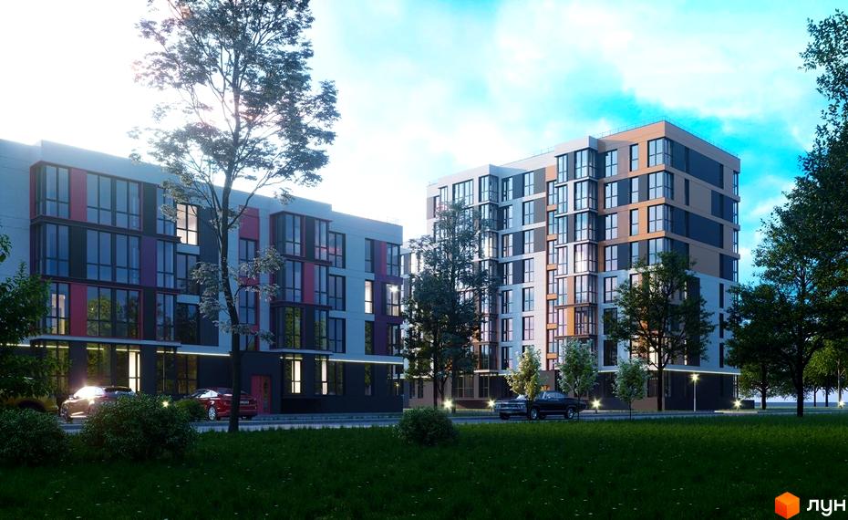 Зовнішній вигляд житлового комплексу Модерніст з фасадами, що поєднують сірі, коричневі та червоні елементи, та великі вікна. Прибудинкова територія з зеленим газоном та деревами.